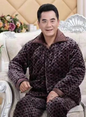 爷爷冬天保暖御寒棉袄外套睡衣男中老年爸爸加厚法兰绒夹棉衣大码