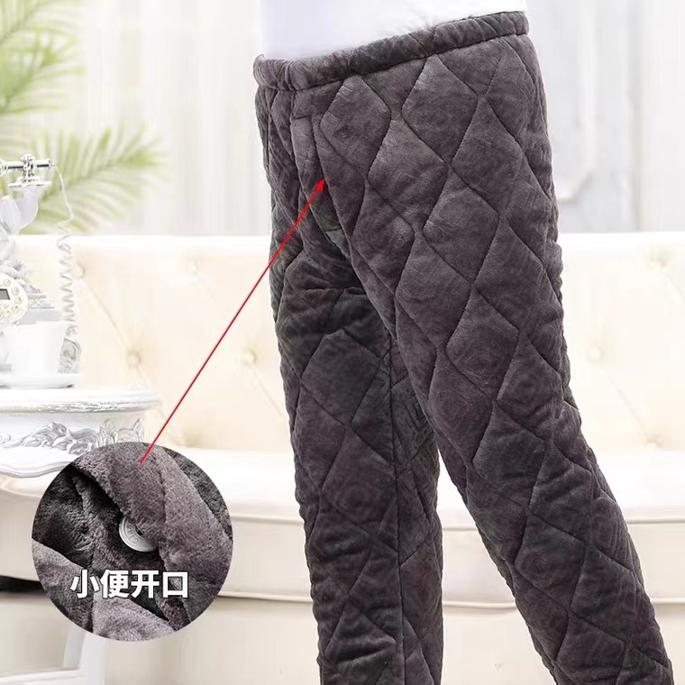爷爷加厚珊瑚绒夹棉裤子爸爸防寒睡裤男冬开门襟老年人保暖直筒裤