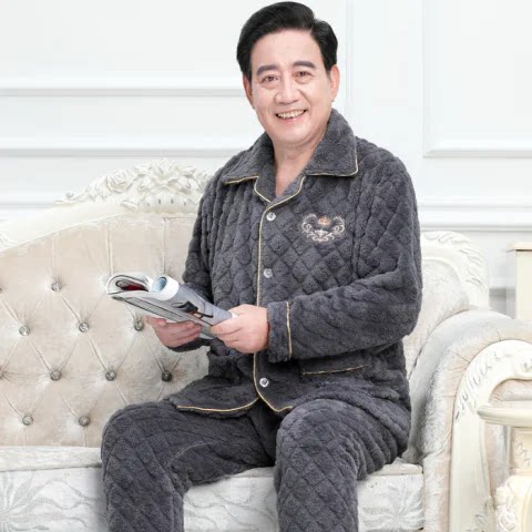爸爸保暖外套睡衣男冬加肥大码200斤老人爷爷珊瑚绒长袖长裤套装