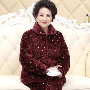 奶奶冬装 阔太太法兰绒夹棉袄外套翻领 睡衣女老人三层加厚棉衣棉裤