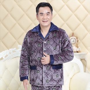爸爸东北棉衣棉裤睡衣中年男士加厚法兰绒夹棉衣父亲冬装翻领外套