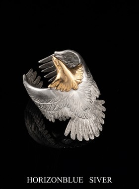 HORIZONBLUE SIVER老鹰小鹰18K金头戒指复古民族风925银个性潮流