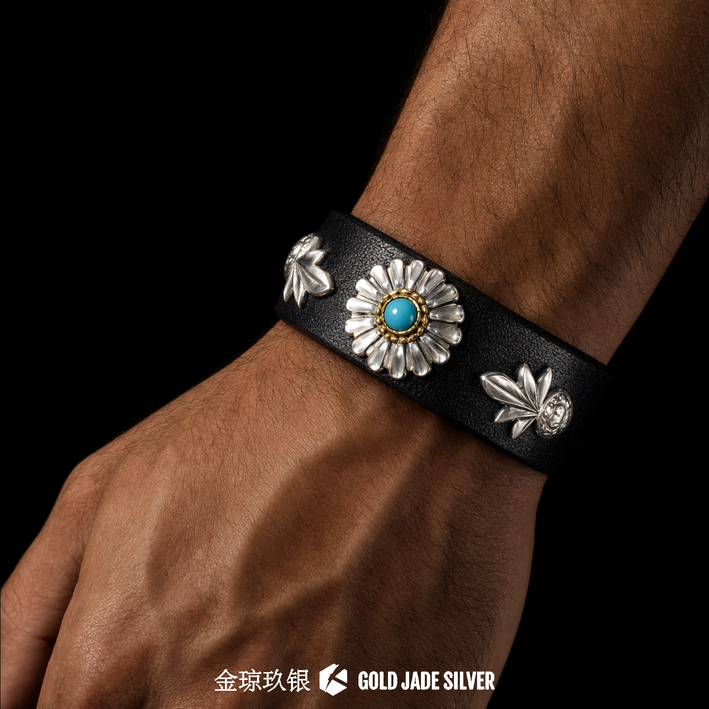 金琼玖银|复古高桥吾郎潮流松石菊花扣剑花枥木皮手环925银男士宽