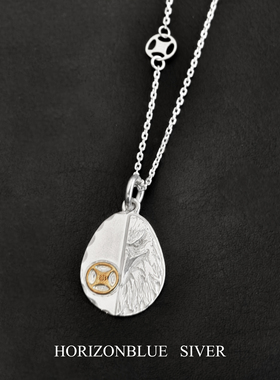 HORIZONBLUE SIVER半脸鹰饼吊坠手工银饰男女925纯银复古做旧项链