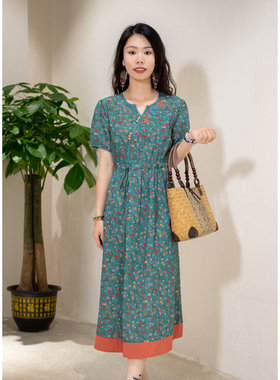 红裳时尚女装连衣裙显瘦夏季碎花复古中长款优雅气质24L9113