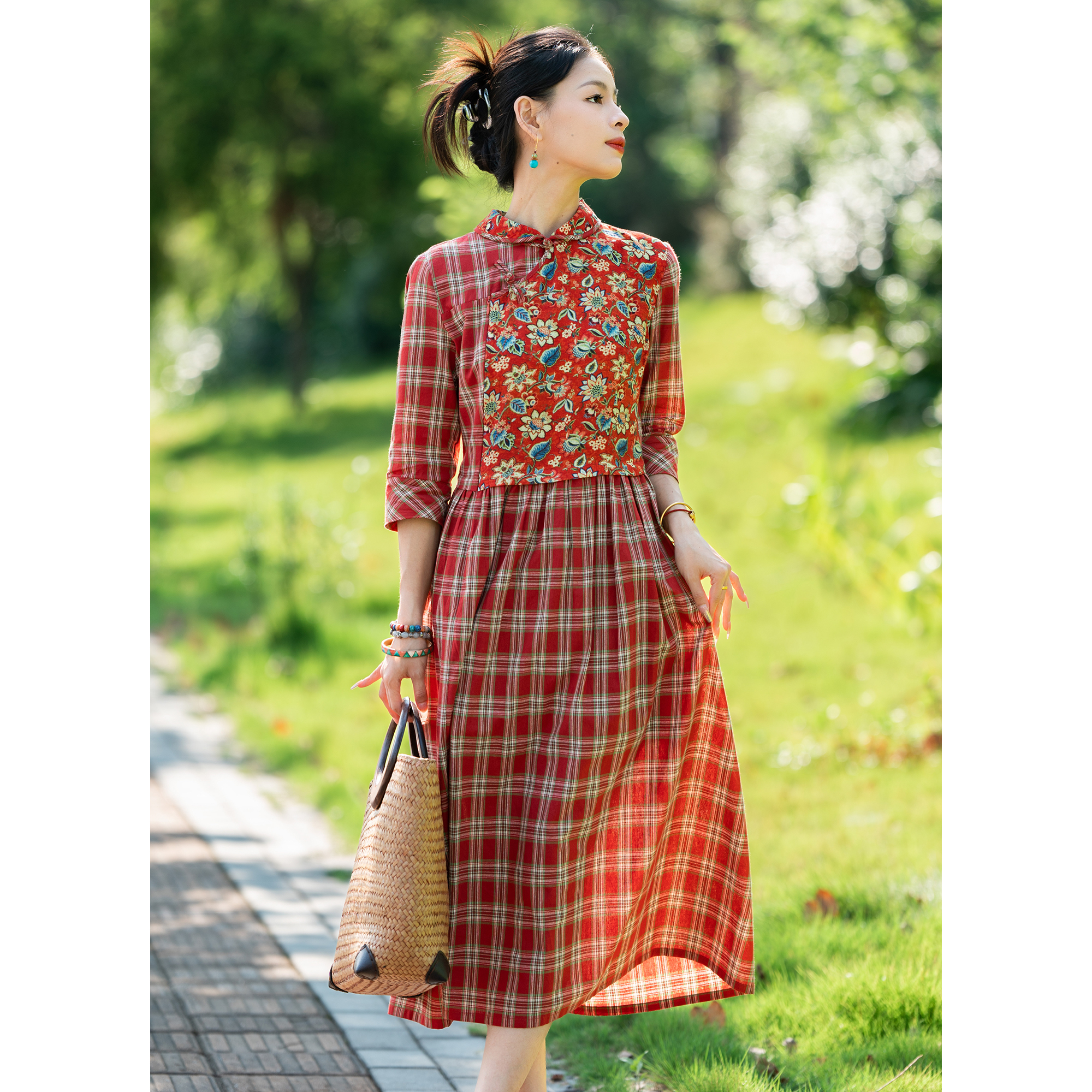 民族风A字裙棉格纹中式改良原创