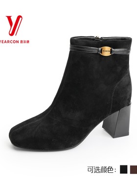 意尔康短靴女2025秋冬季新款韩版粗跟侧拉链时装靴子5651AH12907Y