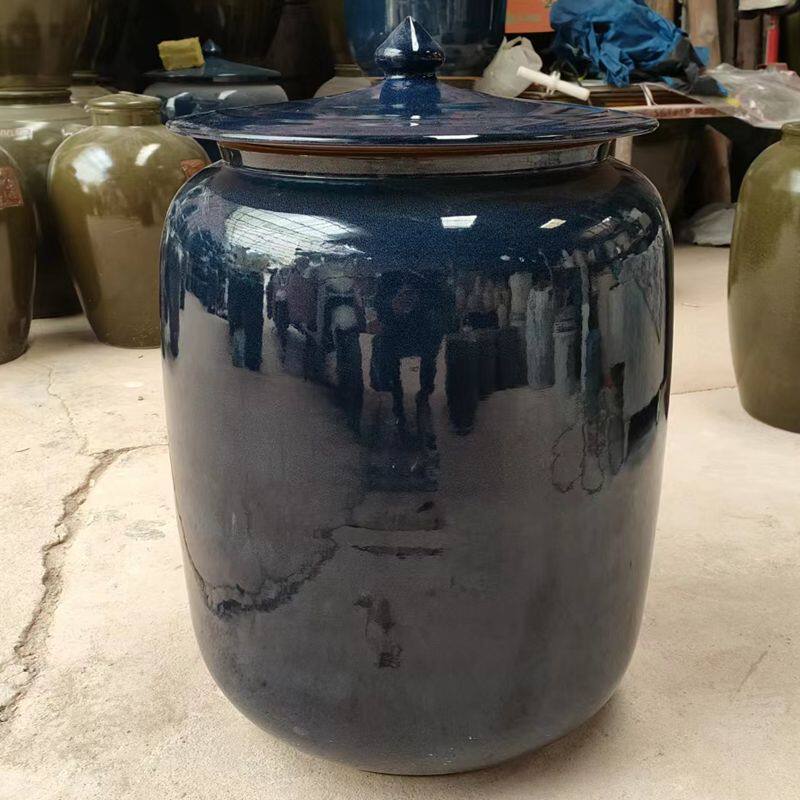 景德镇陶瓷米缸100斤蓝色釉密封罐面粉缸茶叶罐大口径缸装饰摆件
