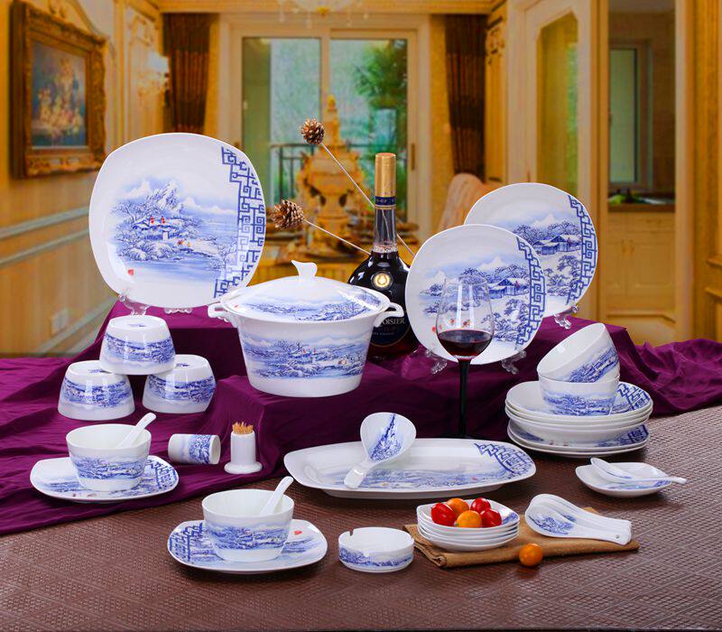 餐具套装碗盘家用中式青花雪景碗碟56头餐具高档景德镇骨瓷餐具