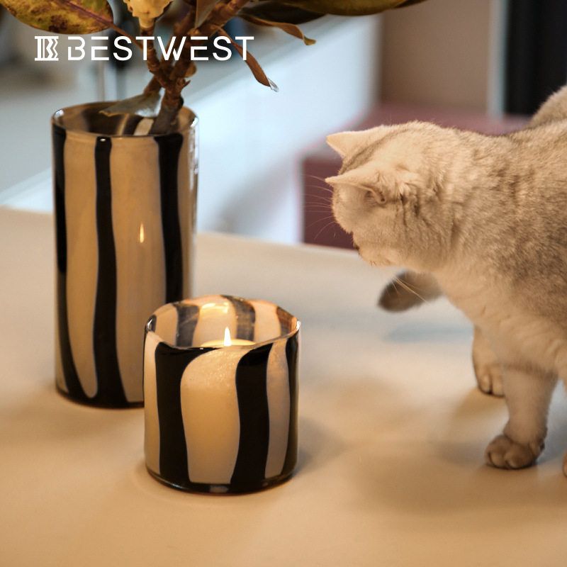BESTWEST条纹复古玻璃花瓶高级感