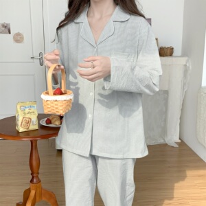 春秋季ins睡衣女薄款纯棉麻简约纯色条纹长袖空调房家居服两件套