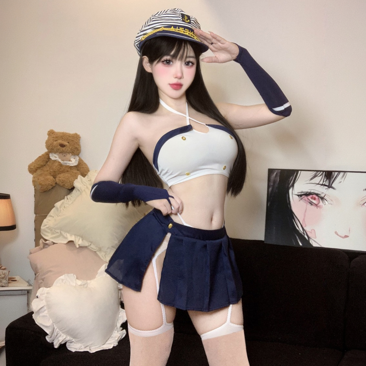 直播衣服女主播高级感套装显胸跳舞开叉露臀短裙甜妹COS海军制服
