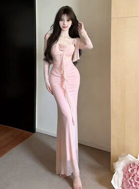 秋冬套装女开衫网纱外套法式风性感蕾丝吊带连衣裙包臀长裙两件套