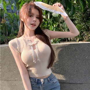 女主播服装上镜设计感新中式盘扣V领短袖显瘦短款针织衫上衣女夏