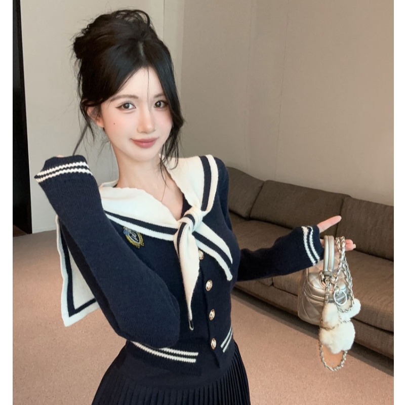 学院风海军领针织开衫女秋冬洋气减龄披肩上衣jk制服套装毛衣外套
