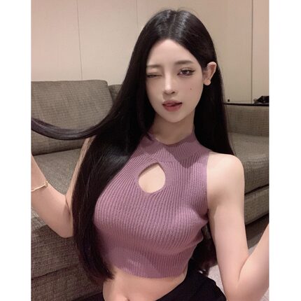 纯欲风直播衣服女主播甜辣妹气质性感爱心镂空显胸大短款无袖背心