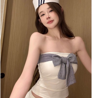 直播间女主播服装俏皮显胸大纯情学妹系带条纹抹胸带胸垫外穿背心