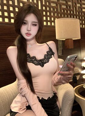 清纯欲女主播衣服甜媚显胸花边蕾丝吊带+长袖开衫外套两件套秋季