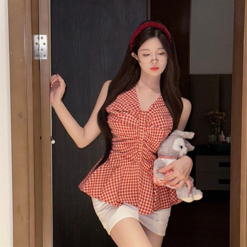 韩版气质格子无袖背心女夏外穿显瘦V领荷叶边收腰上衣设计感小众