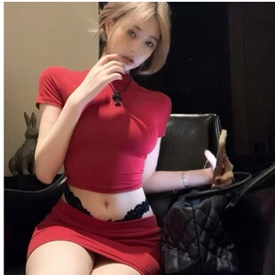 女主播辣妹性感短款短袖T恤上衣+高腰包臀半身裙时尚两件套装夏装