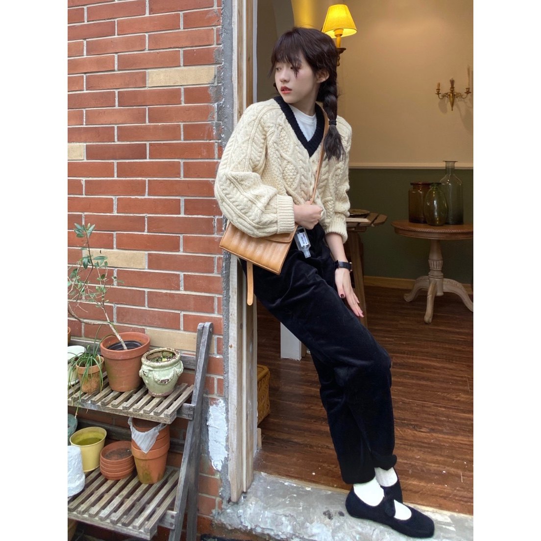 originpeculiar复古拼色麻花毛衣重工经典秋冬女宽松v领气质上衣