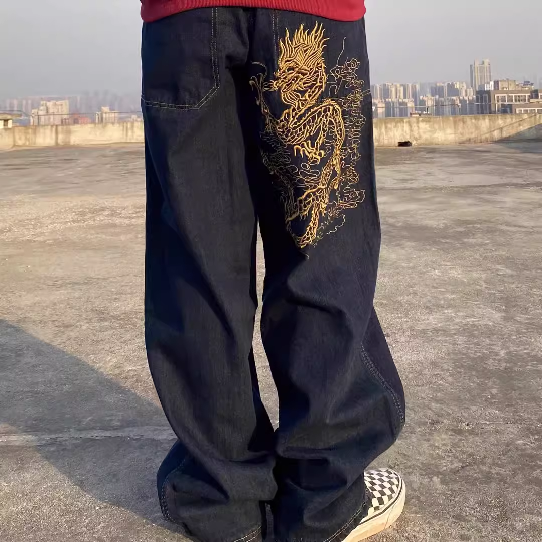 美式复古街头龙年刺绣嘻哈90s运动长裤