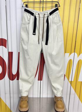 2024秋冬加绒休闲裤男潮牌条绒宽松哈伦裤青年痞帅腰带设计老爹裤