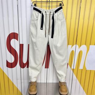 青年痞帅腰带设计老爹裤 2024秋冬加绒休闲裤 男潮牌条绒宽松哈伦裤