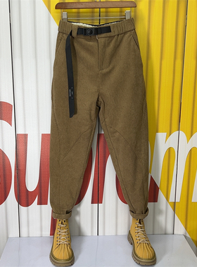 潮牌拼接腰带设计条绒裤男士2023秋冬加绒小脚灯芯绒哈伦裤工装裤