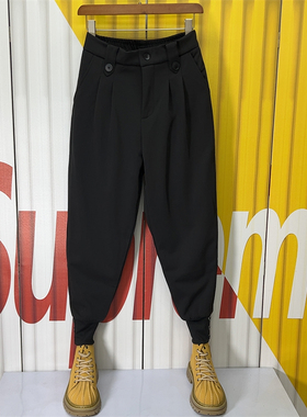 2023秋冬加绒褶皱设计垂感西裤青年时尚休闲束脚裤韩版宽松哈伦裤