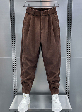 2024春节新款灯芯绒休闲裤男士痞帅纯色哈伦裤宽松束脚条绒裤潮流