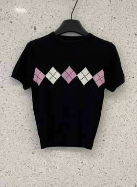 南油买手店菱格撞色提花短袖针织衫毛衣女圆领短款小版上衣
