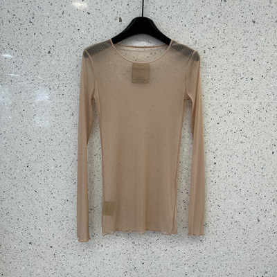 透视感侧边开叉波点网纱打底衫