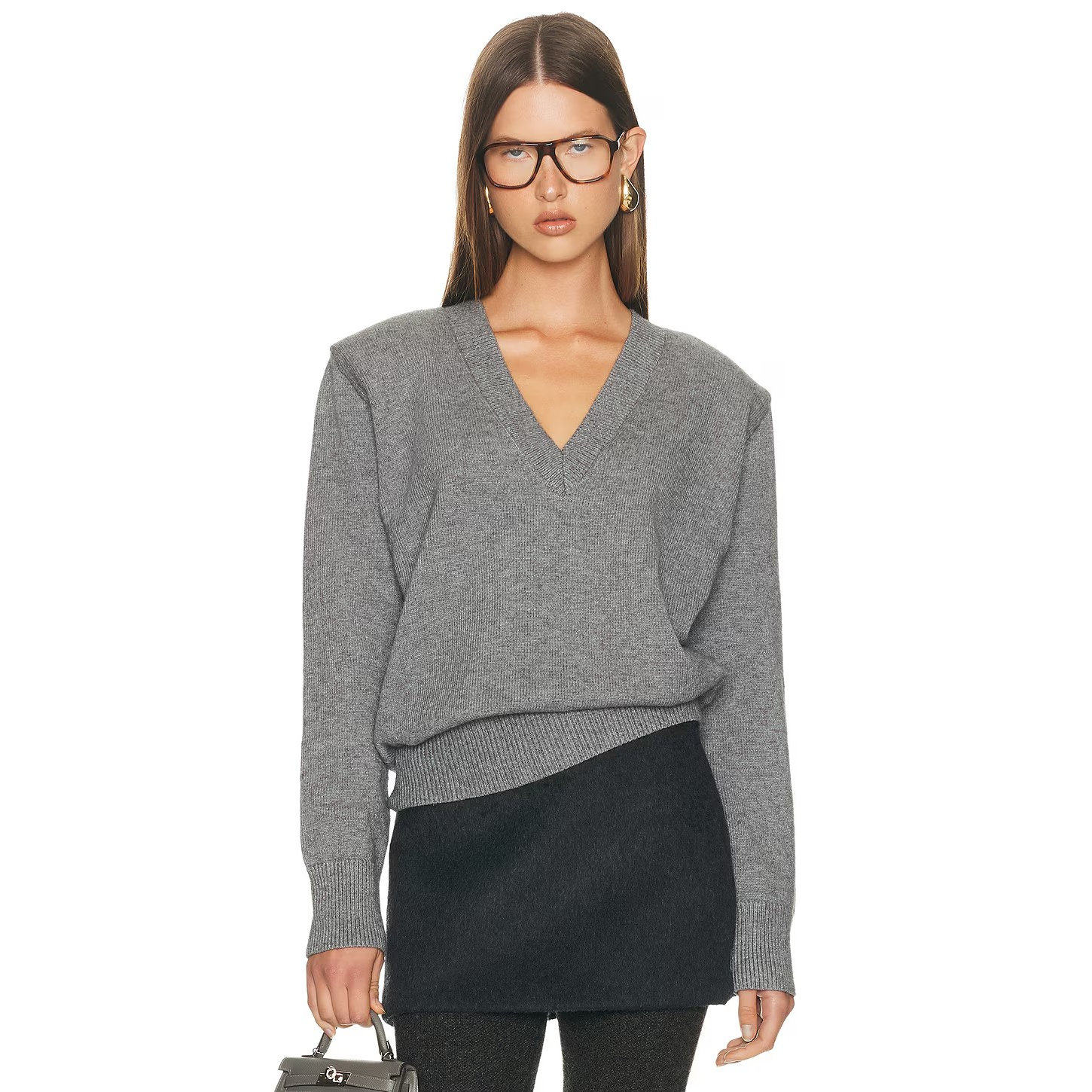 立体垫肩V领套头针织衫女灰色廓形百搭毛衣上衣