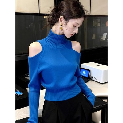 蓝色露肩高领毛衣女秋冬慵懒