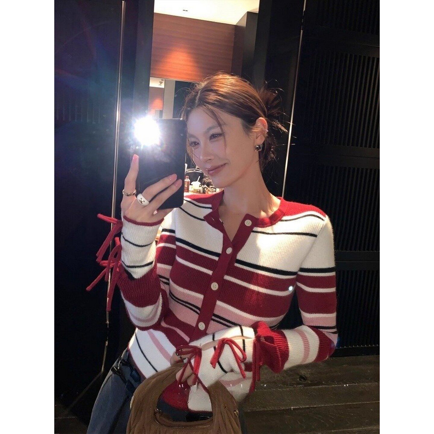 miu系条纹高级针织开衫女秋冬季蝴蝶结长袖修身新款上衣红白条纹