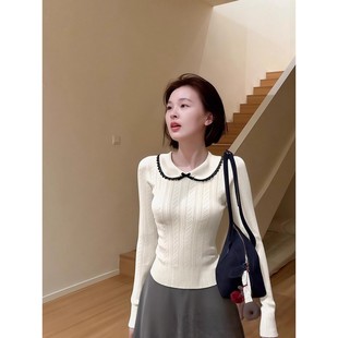 法式白色娃娃领翻领长袖针织衫女秋冬毛衣打底衫内搭软糯加厚上衣
