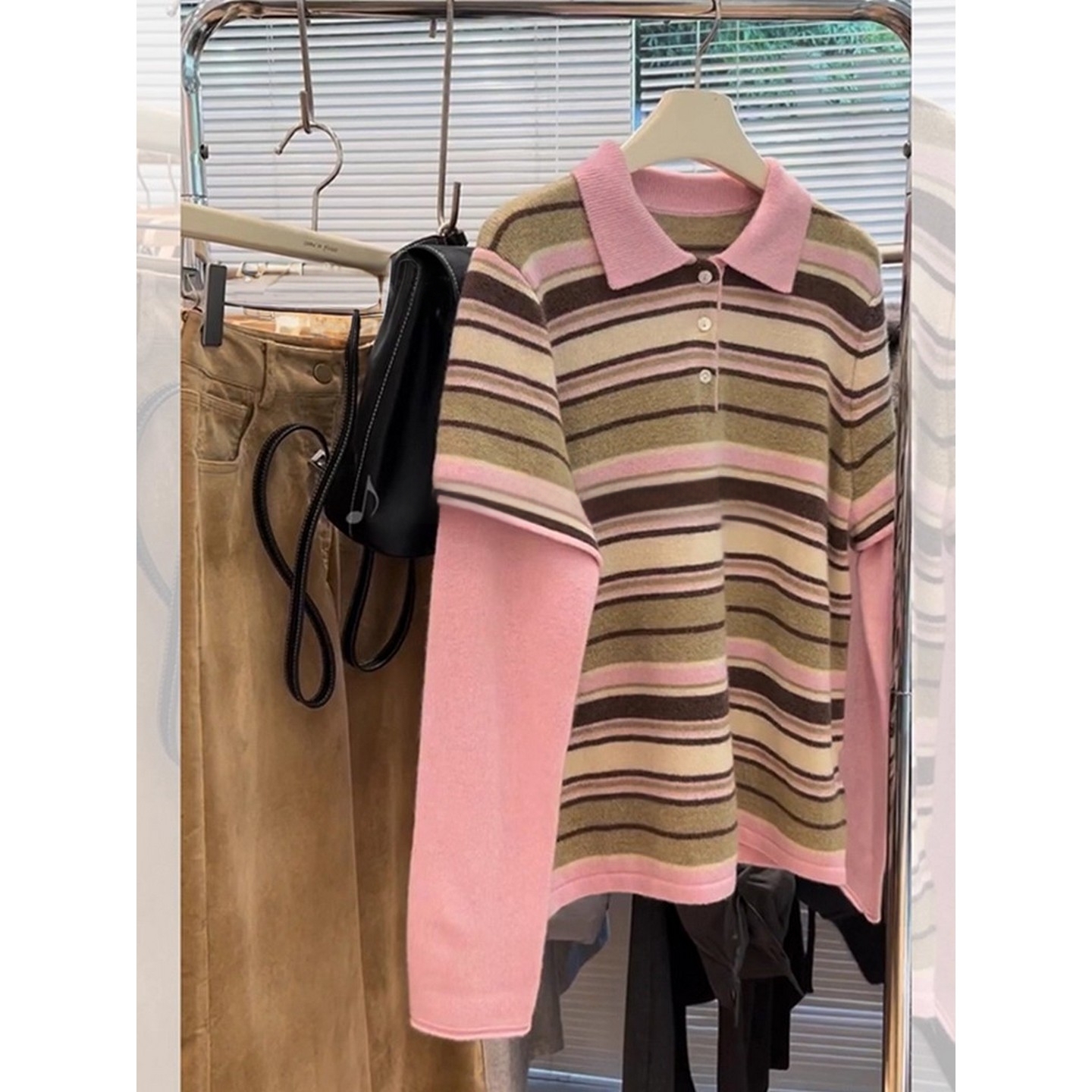 小香风条纹polo领假两件针织衫