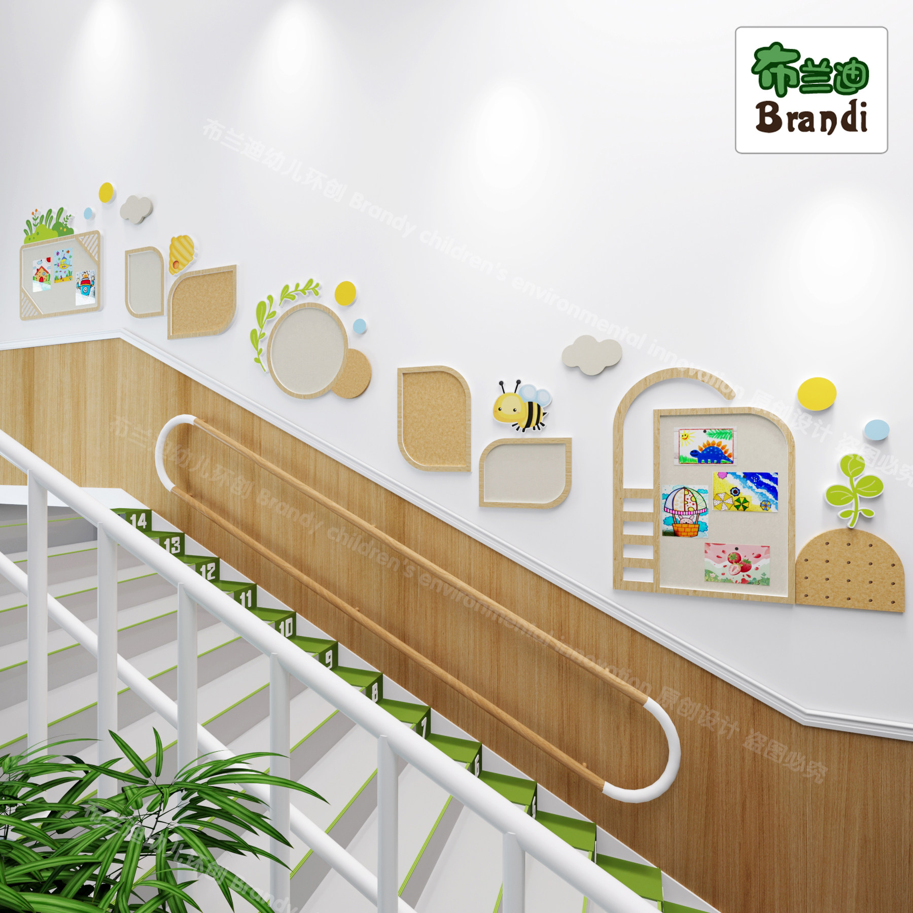 幼儿园楼梯装饰环创主题墙面环境布置原木风装饰背景板墙贴展示板
