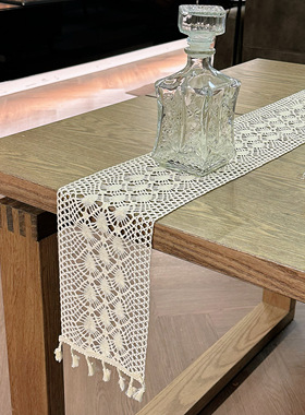 棉线钩织细条桌旗镂空流苏茶几桌旗ins轻奢法式餐桌装饰旗高级感