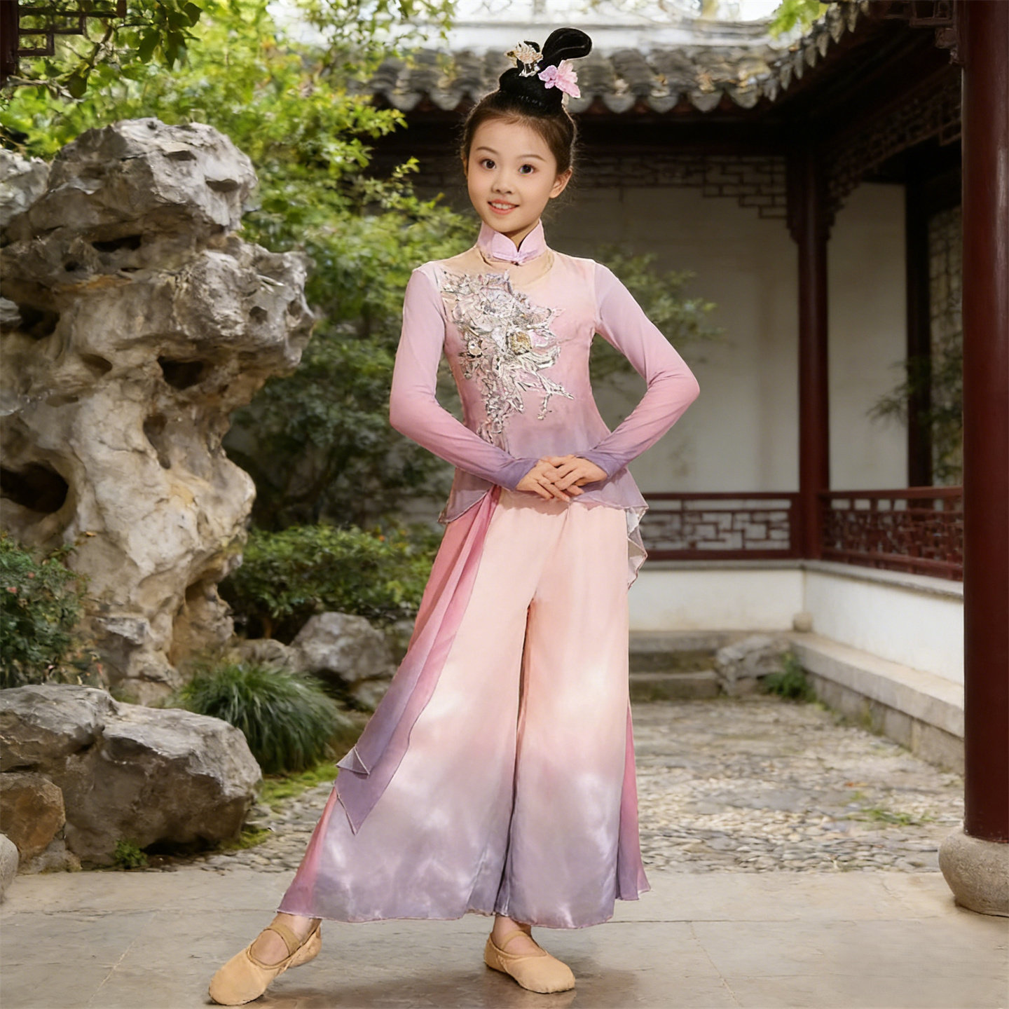 光亮惊鸿一面立春蝴蝶泉边桃花笑儿童舞蹈演出服女孩表演服丽人行