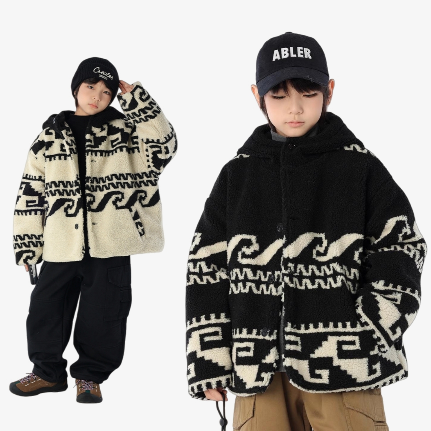 男童羊羔绒连帽外套中大童棉服韩