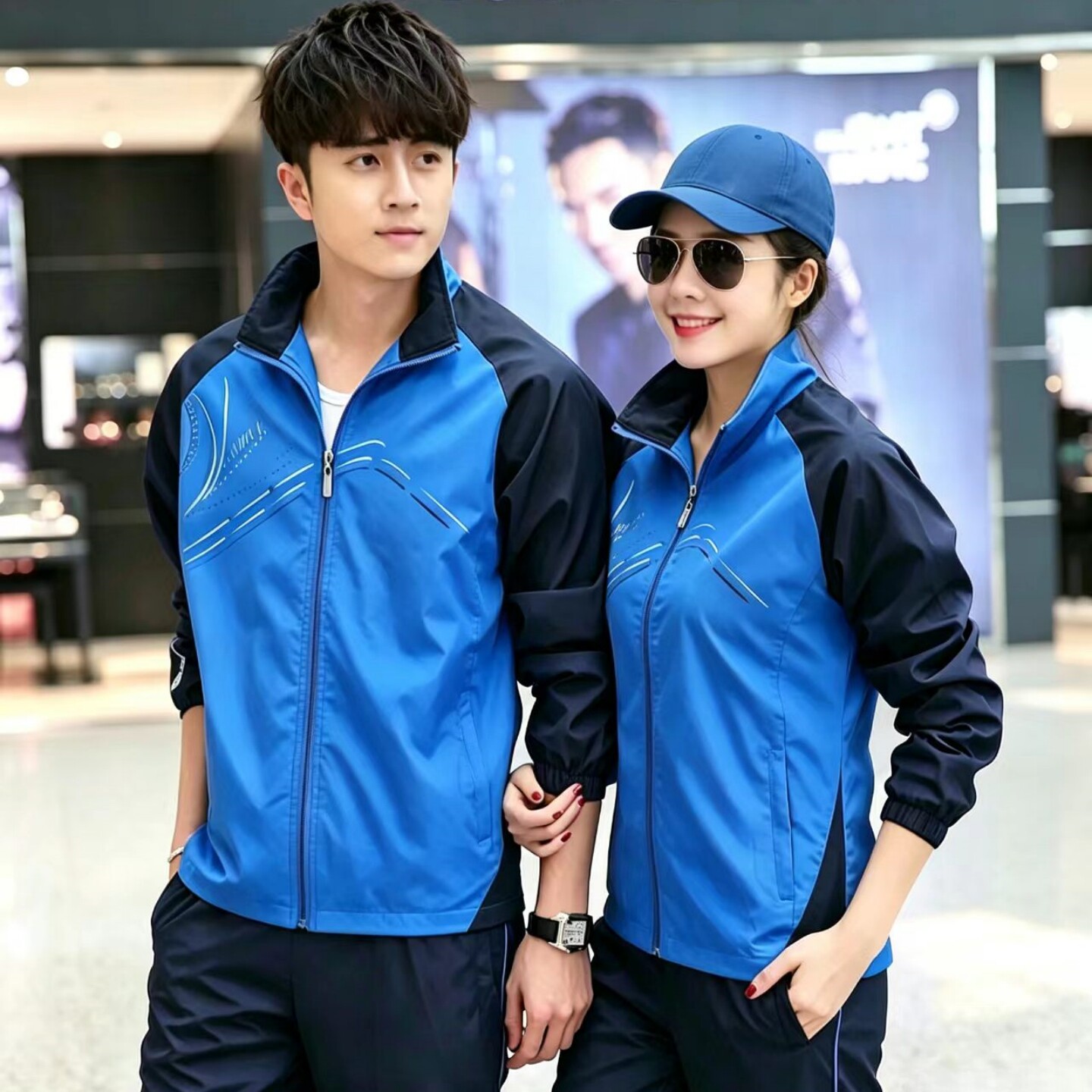 秋冬季情侣运动套装立领长袖中年男士加厚绒春秋大码休闲女运动服