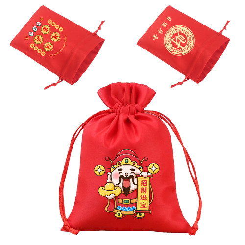 红色福袋烫画贡缎和麻布可定制