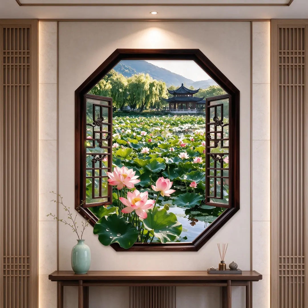 【荷花】新中式八角窗荷花3D墙贴 江南荷塘亭台玄关茶室装饰画KD