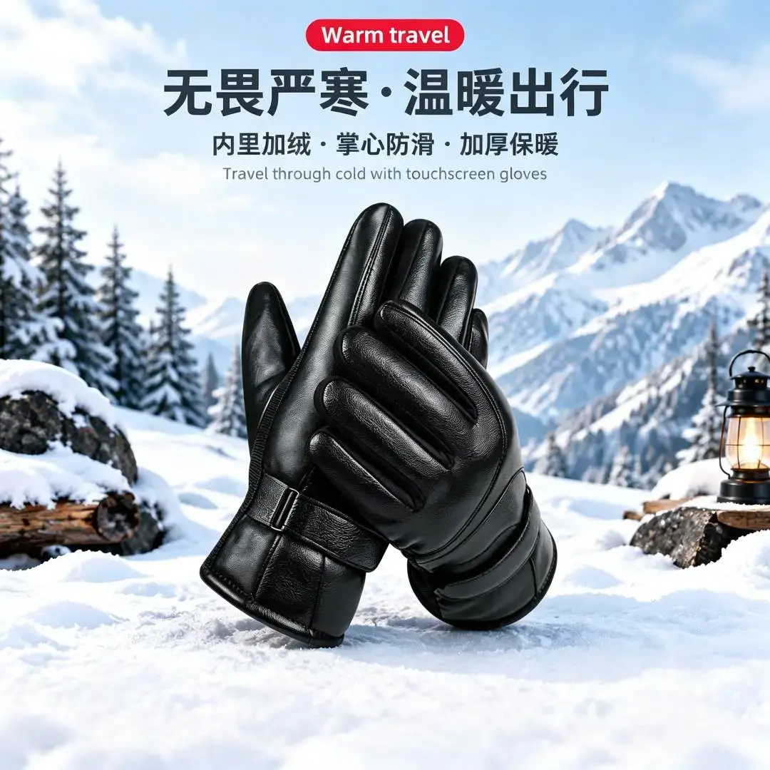 【秋冬加绒】可触屏防风防水加厚皮手套男女户外骑车适用zh
