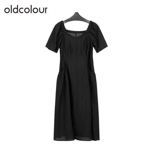 oldcolour欧珂夏季休闲简约通勤显瘦纯色短袖连衣裙女Q231013A1