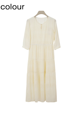 oldcolour欧珂春季商场同款休闲圆领纯色中袖连衣裙女Q131018A1