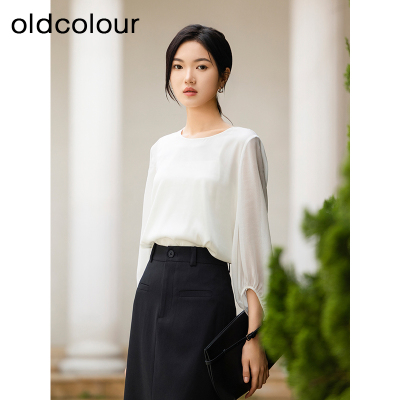 oldcolour夏季新款纯色简约气质百搭宽松中袖套头衬衫女Q210112A1