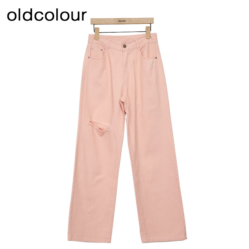 oldcolour高腰牛仔裤春季新款复古破洞气质阔腿长裤女P12113266